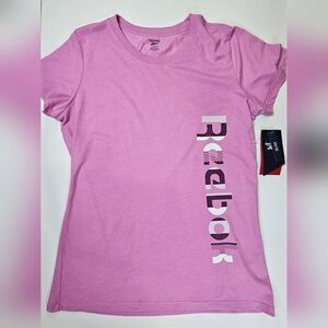 Reebok T-Shirt Womens Large‎ Pink White Black Logo Athletic Performance Tee NEW